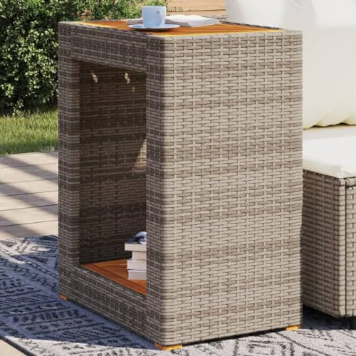Mengtu Tavolino da Giardino Piano Legno Grigio 60x40x75cm Polyrattan, Tavolo da Terrazzo, Tavolo da Pranzo, Tavolo da Cucina, Tavolino da Esterno Giardino