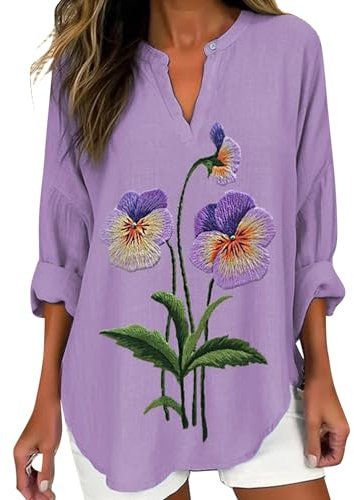 Deals of The Day Tunika Damen Tshirt Kurzarm Longshirt Langarm Elegant T-Shirt V Ausschnitt Blumen Sommer Oberteile Blusenshirt Locker Bluse Tops Langarmshirt Weiss Damen v Ausschnitt