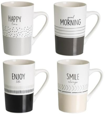LOLAhome Juego de 4 tazas mug grandes para desayuno con frases motivadoras blancas y negras de cerámica de 370 ml
