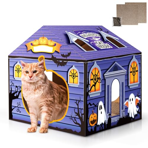 Tailtastic Halloween Cardboard Cat House Playhouse with 2 Scratching Pads & Catnip - Indoor Cat Scratcher Hideaway for Kittens & Cats (14x14x13)