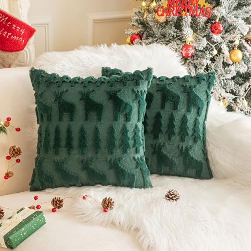 XNSHUN 2er Set Kissenbezug Weihnachten, Deko Kissenhüllen Weihnachtsdeko Plüschkissen Sofakissen Deko Bezug, Zierkissenbezug Für Kissen Sofa Schlafzimmer Wohnzimmer (50x50cm,Grün-Elch)