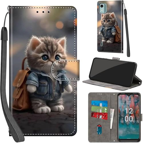 Haninsuze Handyhülle für Nokia C12 Hülle, Katze | PU Leder, Klappbar, Kartenfächer, Ständer, Kameraschutz, Brieftasche, Magnet, Stoßfeste, Muster Motiv