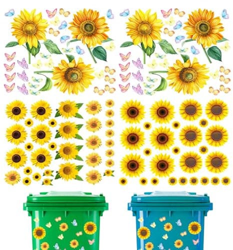 4pcs Self Adhesive Wheelie Bin Stickers Waterproof Sunflower Butterfly Wall Dustbin Stickers for Wheelie Wrap Around Bins Outdoor Bins Labels Wall Door Fridge and Household Decorative