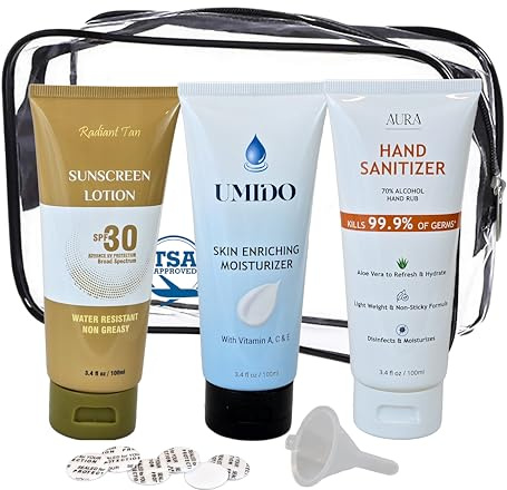 Smuggle Mug Lotion Flasks 3 Pack | TSA Approved 100ml Tubes and Clear Quart Zipper Bag | Lid Seals and Funnel Included | Disguised Containers for Cruise, Beach, and Festival | Total of 10 oz | Secret,