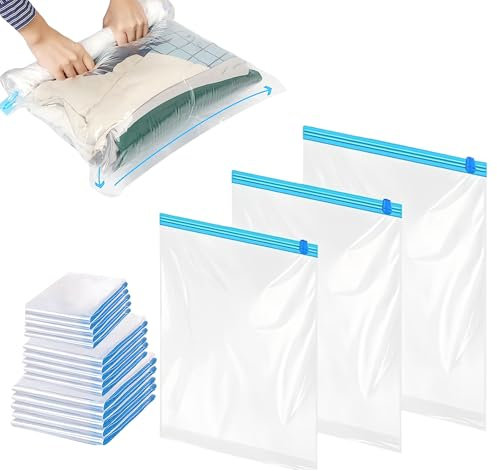 WANDGU 15 Pezzi Sacchetti Sottovuoto Vestiti: Sacchi Sottovuoto di Rotolo a Mano, 3 Misure 32x39, 35x50, 40x60 cm, Sacchetti Salvaspazio Sottovuoto da Viaggio per Valigia, Rotolo a Mano, Senza Pompa