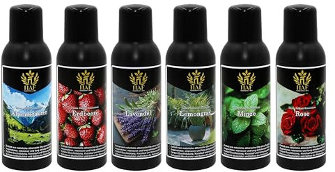 HAF® Saunaaufguss Konzentrat Set Frühlingshauch | 6 x 100 ml Saunaduft mit Alpenkräuter, Erdbeere, Lavendel, Lemongras, Minze, Rose | Saunaöl aus 100% natürlichen ätherischen Ölen