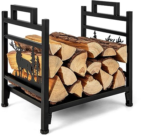 COSTWAY Kaminholzregal, Kaminholzständer aus Metall mit Griffen & verstellbaren Fußpolstern, Feuerholzregal für Innen und Aussen, Brennholzregal für Ofen und Kamin, 46 x 34 x 45 cm