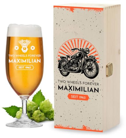 polar-effekt Leonardo Bierglas Tulpe 0,3 L mit Gravur & Holzkiste mit UV-Druck - Personalisiertes Geschenk Vatertag - Pilstulpe für Export, Lager und Craft-Beer