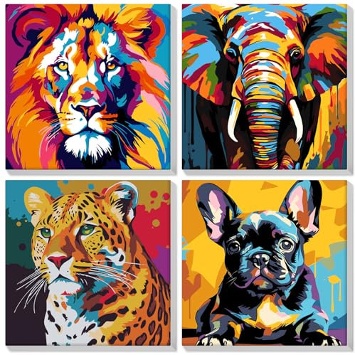 Lxmsja Paquete de 4 pinturas enmarcadas por números para niños y adultos, kit de pintura por números de animales coloridos para adultos y niños, kit de lienzo, pintura de dibujo de pigmentos acrílicos