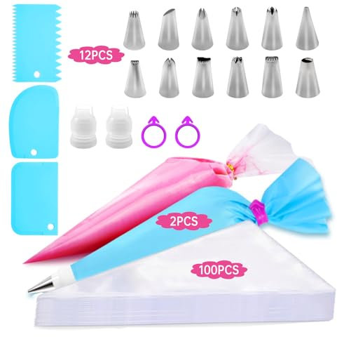Piping Bag Set, Disposable Piping Bags, Reusable Icing Piping Bag, 12 pcs Stainless Steel Nozzles Set with Coupler, Piping Bag Ties, for Delicious Desserts Like Cakes, Cookies etc