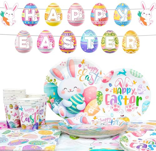82pcs Easter Party Supplies Tableware, Serves 20 Easter Tableware Set Includes Easter Plates and Napkins Tablecloth & Happy Easter Banner etc Bunny Birthday Decorations Supplies for Kids