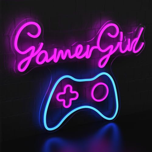 HENGMEI Gamer LED Neonlicht Gaming Zone Neon Schild Buntes LED 6-Stufiges Dimmen Led Spiel Leuchtreklame für Schlafzimmer Spielzimmer Dekoration Party, Bar, Internet Cafe Game Room (Gamer Girl)