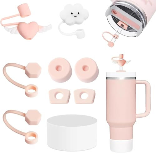 CATOR Stanley Cup, set di accessori contiene 6 tappi in silicone a prova di perdite, 2 coperchi in paglia, 1 custodia in silicone per Stanley Cup da 1,2 l e 850 ml, coppe non incluse(rosa)