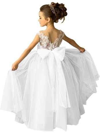 zikusel White Tulle Flower Girl Dress Toddler Wedding Lace Applique Sleeveless Long Ball Gowns Bow Knot V-Back Princess Pageant First Communion Party Dresses