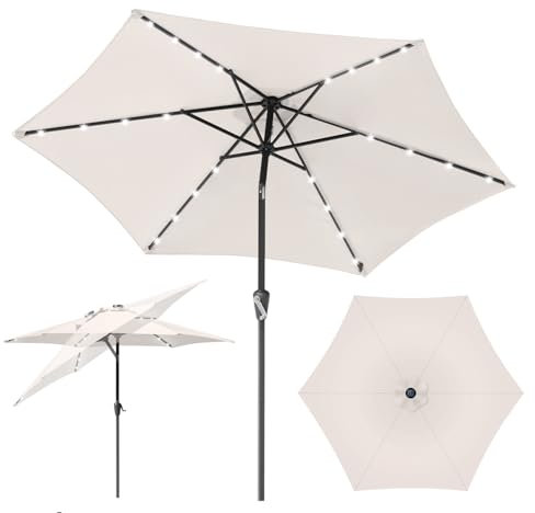 Fiqops Sonnenschirm LED Solar Ø 350 cm Beige mit Kurbel | Ampelschirm Gartenschirm Sonnenschutz UV Schutz 50+ | Kurbelschirm Marktschirm wasserdicht für Garten, Balkon, ohne Ständer