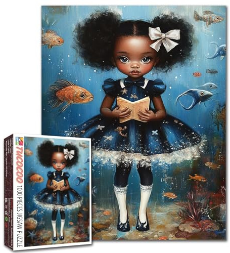 Tucocoo Adorable Little Black Girl Jigsaw Puzzle 1000 Pieces Sea Creatures Whimsical Puzzles for Adults, African Girl Puzzle for Challenging Family Education Activity Games DIY Crafts Gift Home Decor