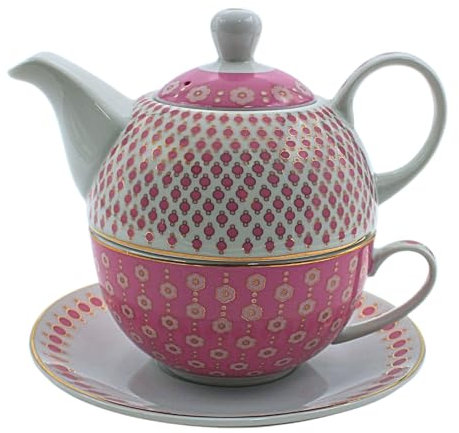 Porcelain Jug, Tea for One Set, Serving Pot for Tea, Teapot, Tea Service, Tea Cup with Teapot, Teapot Set Retro Look with Tea Cup Made of Porcelain in Pink and Gold, L/W/H 15 x 15 x 16 cm