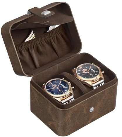 SONGMICS 2-Slot Watch Travel Case, Pillow with Hidden Storage | Watch Box, Adjustable Divider, Flap Pocket, 10.1 x 12 x 8.5 cm, Tan Surface, Tan Lining, BRIDIE Collection JWB029KZ01