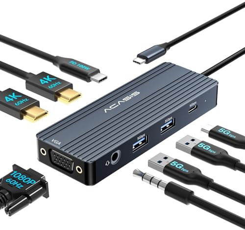 ACASIS Docking Station USB C Dual Monitors, Docking Station per laptop con doppia HDMI 4K@60HZ, 1 VGA 1080P@60HZ, 2 x 5G USBA, audio 3,5 mm, PD100W, hub USB-C 8 in 1 (Grigio scuro)