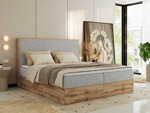 MKS MEBLE Boxspringbett 180x200 mit Bettkasten Holz Holzrahmen, Boxbett mit Matratze H4 und Kopfteil - Hellgrau Strukture - Wood Classic mit Topper T25