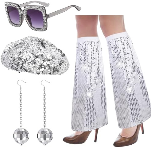 VAIAV Discokugel Kostüm 70er 80er Disco Accessoires Damen Discokugel Ohrringe Glitzer Baskenmütze Disco Hut Pailletten Stulpen Sonnenbrille für Karneval Thema Party