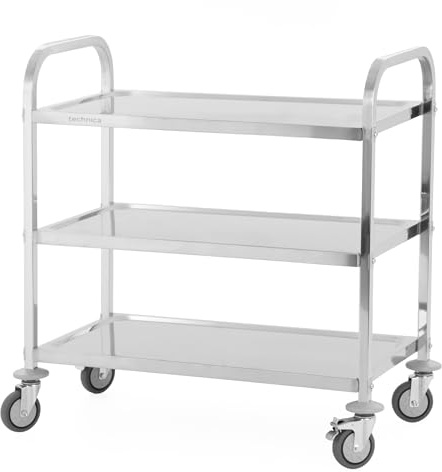 TECHNICA Servierwagen Edelstahl 3 Etagen mit Rollen & Bremse | Quadratischer Griff 850x450x900mm Rollwagen Küche Gastronomie Transportwagen leise & stabil – Küchenregal schmal mobil