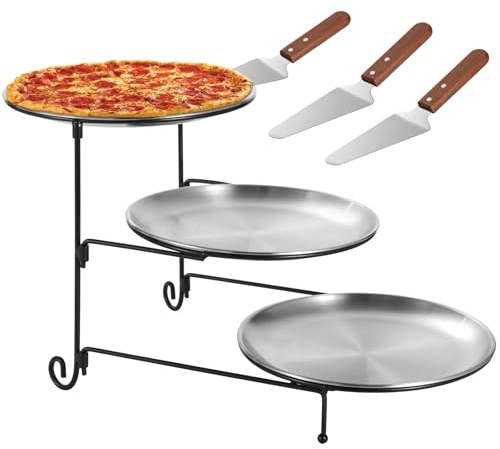 Calolin 4 Pcs Tiered Tray Stand and Cake Spatula Set, Including a 3 Tier Dessert Stand with Stainless Steel Pizza Pans, and 3 Cake Spatulas for Cakes, Desserts, Pizza, Appetizers