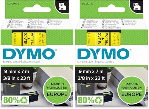 DYMO Original D1-Etikettenband | schwarz auf gelb | 9 mm x 7 m | selbstklebendes Schriftband | für LabelManager-Beschriftungsgerät (Packung mit 2)