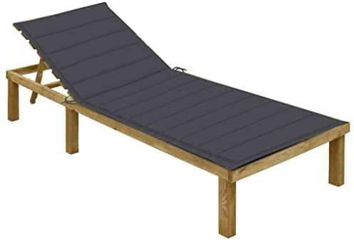 Mandloder Sonnenliege aus imprägniertem Kiefernholz, verstellbare Gartenliege mit anthrazitfarbener Auflage, wetterbeständig, für Terrasse und Outdoor-Bereich, 200x70 cm