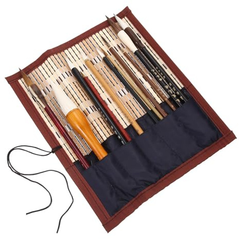 Healvian Ensemble Pinceaux Calligraphie Chinoise 11 Pièces Poils de Loup Manche Bois Support Enroulable Kit Peinture Traditionnelle Sumi Papeterie D'art pour Étudiants et Artistes