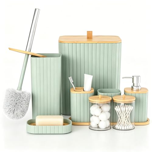 Capslpad Bathroom Accessories Set of 9, Modern Bathroom Accessory Set with Trash Can, Toilet Brush, Toothbrush Holder and Cup, Lotion Soap Dispenser, Soap Dish, Qtip Holder,Tray for Home Decor, Green