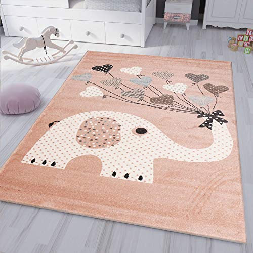 VIMODA Kinderteppiche Herzen mit Ballons Elefant | Kinderteppich für Mädchen und Jungs | Teppich für Kinderzimmer | Schadstofffrei, Maße:160x230 cm