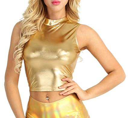 BODYWEAR LTD - Womens Metallic Sleeveless Crop Top – Turtleneck – Dance Costume – Performance Wear – Sparkling – Perfect for Dance, Club, Sport, Party, Multi-Purpose