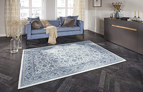 Elle Decoration Keshan Maschad Orientalischer Teppich - Kurzflor Vintage-Look Orientalisch Orient Klassischer Orientteppich für Wohnzimmer Esszimmer Flur oder Schlafzimmer Saphirblau, 80x150cm