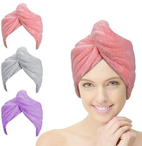 ACWOO Haarturban, 3 Stück Turban Haartrockentuch Mit Knopf, Kopftuch für Lange Haar, Schnelltrocknend Mikrofaser Handtuch