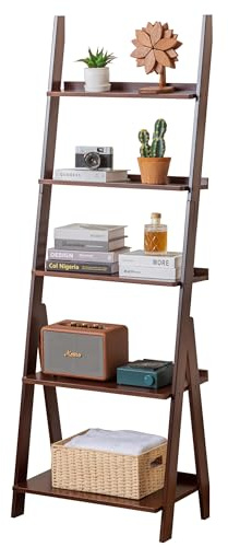 Maydear Bamboo Ladder Shelf Bookcase, 5-Tier Leaning Bookshelf Free Standing Organizer Storage Shelves for Living Room, Bedroom, Kitchen, Home Office, Balcony, Walnut