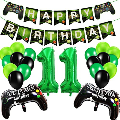 11th Birthday Decorations for Boys, Gaming Party Decorations Set for Gamers, Happy Birthday Banner Game Controller Balloons Black Green Balloons for Kids Teenagers Party Supplies (11th Birthday)
