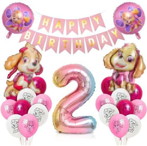 Geburtstagsdeko Mädchen, Hund Patrol Geburtstag Deko 2 Jahre, Sky Luftballons Set, Rosa Ballon Deko 2. Geburtstag, Folienballon Zahl 2, Happy Birthday Banner für Dekoration Kindergeburtstag Party