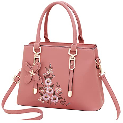 FANDARE Damen Henkeltaschen Wasserdicht Tote Beutel Umhängetaschen Schultertasche PU-Leder Bestickte Handtasche für Reisen Einkaufen Arbeiten Rosa