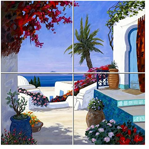 Napolamp Quadro Mosaico di 4 mattonella in Ceramica di cm. 15x15 con Stampa Paesaggio 2 nello Stile Mediterraneo Misura Mosaico cm. 30x30