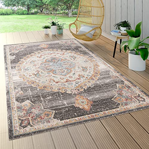 Paco Home Outdoor Teppich Wetterfest Wohnzimmer Balkon Küche Schlafzimmer Orient Muster Modern Bordüre Grau Beige, Grösse:60x100 cm