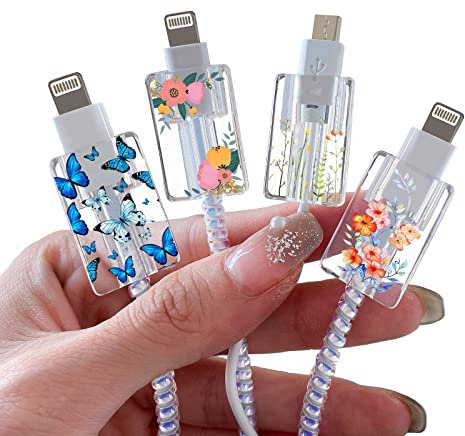 Cute Floral Cable Protector for iPhone Type-C Charger Red Rose Wild Flower Bouquet Butterfly Cherry Blossoms Pattern 4 pcs Set Cable Protector Charging Cord Protector Cable iPhone Charger Saver