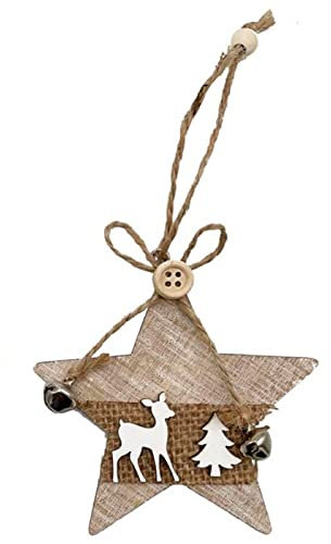 Tradineur – Adorno Colgante de Madera con Forma de Estrella/Abeto, decoración navideña Festiva con Cuerda y cascabeles para Puerta, árbol, Pared, 8,7 cm, Modelo Aleatorio