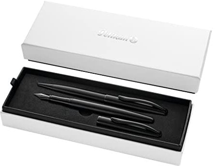 Pelikan Geschenkset Jazz Noble mit Füller und Kugelschreiber, Carbon (Schwarz), eleganter Patronenfüller (Feder M) und Kugelschreiber aus Metall, im Geschenketui, 821896