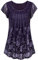 Vafoly Damen Falten Kurzarm Tunika Top für Frauen Sommer Casual Bluse Loose Fit Floral Bluse Arbeit Rundhalsausschnitt Mesh-Shirt Leichte Doppellagig Layer Bluse Stretchy Mode Dunkelviolett XXL