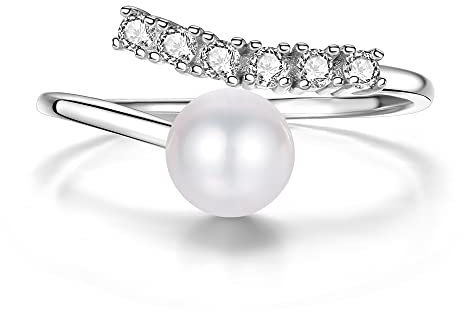 LUCKMORA Perlenringe in Schmuck 925 Sterling Silber für Damen Frauen Mädchen Weißen Runde Süßwasserperle Zirkonia Vergoldet Offene Ringe Echt Perlen Verstellbare (6D)