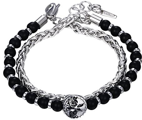 Cupimatch Herren Armband Punk Rock Gothic Armreif Herren Silber Schwarz Edelstahl Totenkopf Schädel Leder Armband Perlenarmband für Männer
