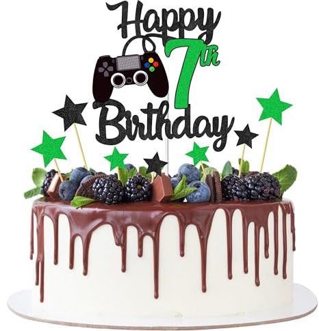 Joyeah Happy 7th Birthday Cake Topper Glitter Video Game Cake Pick Game On Cheers to 7 Years Cake Decoration for Game Theme Happy 7th Birthday Party Supplies Green