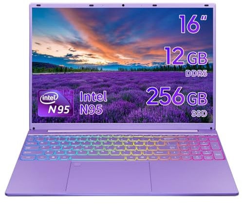 UDKED 16 inch Laptop, N95 CPU(up to 3.4GHz),12GB DDR5,1920x1200 IPS Display,Windows 11 Laptops,Narrow Bezels,Numeric/Backlit KB,USB3.0,Dual Band WiFi,HDMI Purple Notebook PC (Purple/256G SSD)