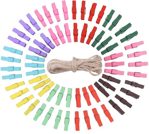 100PCS Pinces à Linge Colorées en Bois 35mm, Pince à Linge Bois Couleur Clips Photo en Bois avec Bobine de Ficelle de Jute de 10M pour Vêtements Photos Loisirs Créatifs Bricolage